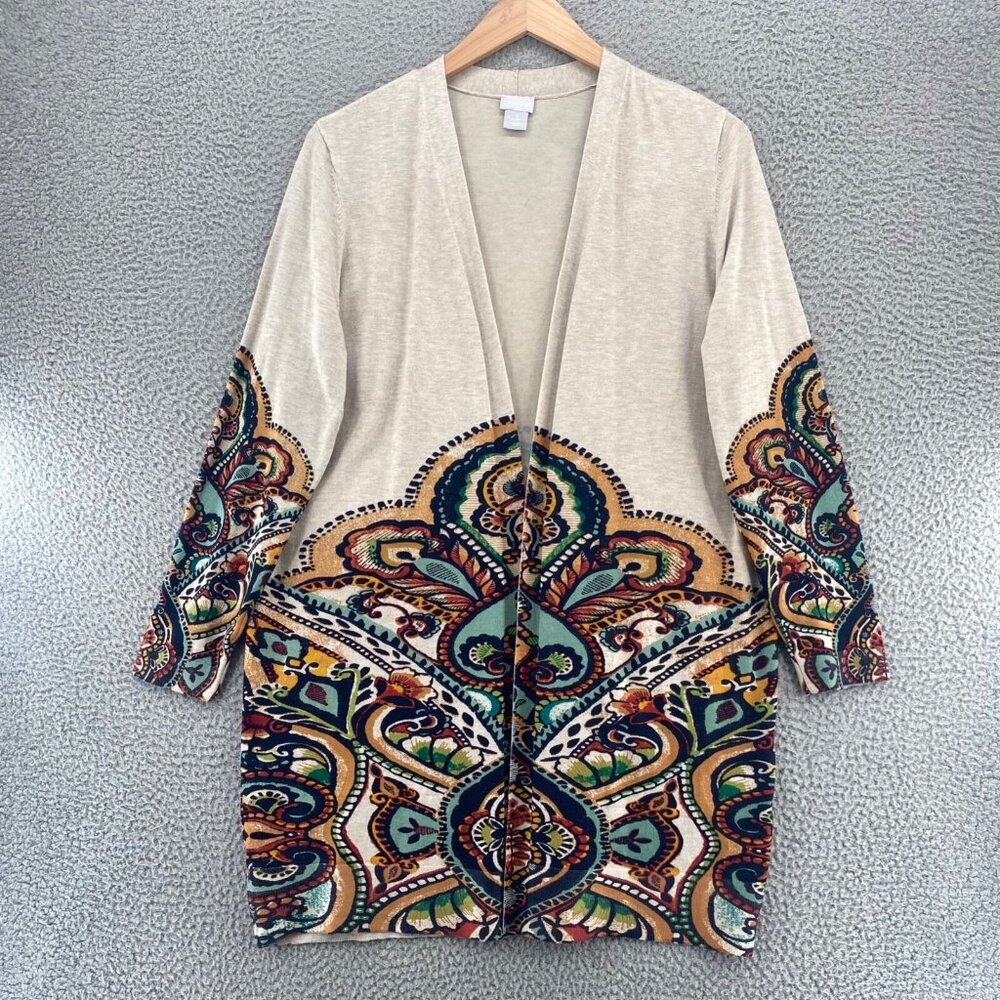 Chicos Sweater Womens 2 US Large Beige Multi Paisley Print Open Front Cardigan
